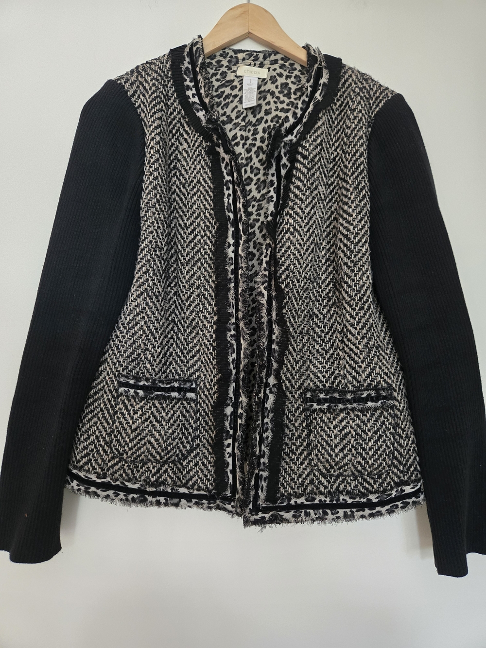 Black & White Tweed-Style Open-Front Cardigan Sweater
